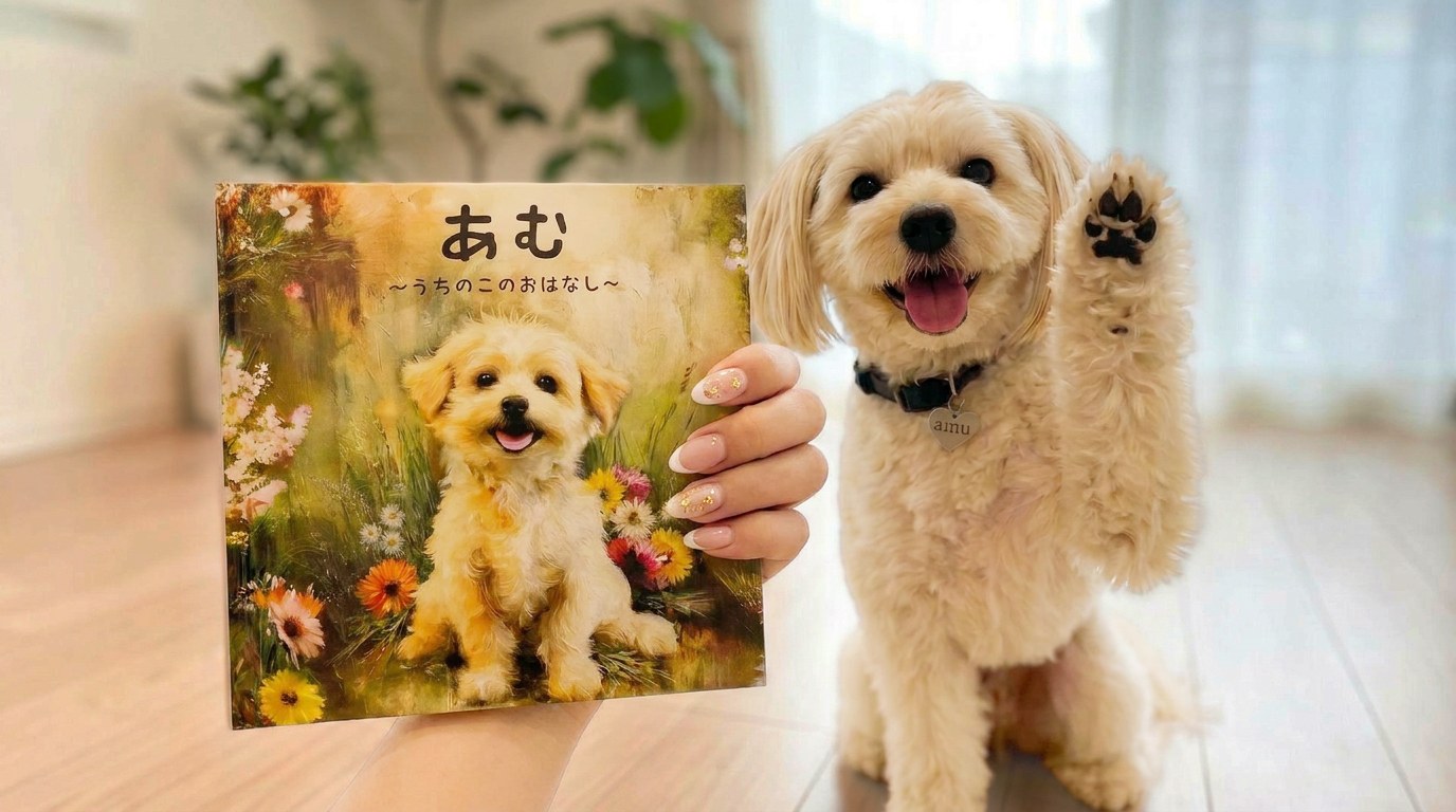 完成した絵本「あむ」と、愛犬あむ